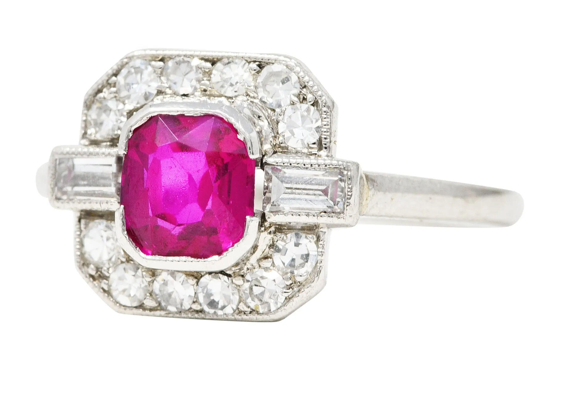 1930's Art Deco 1.15 CTW No Heat Burma Ruby Diamond Platinum Cushion Halo Gemstone Ring GIA