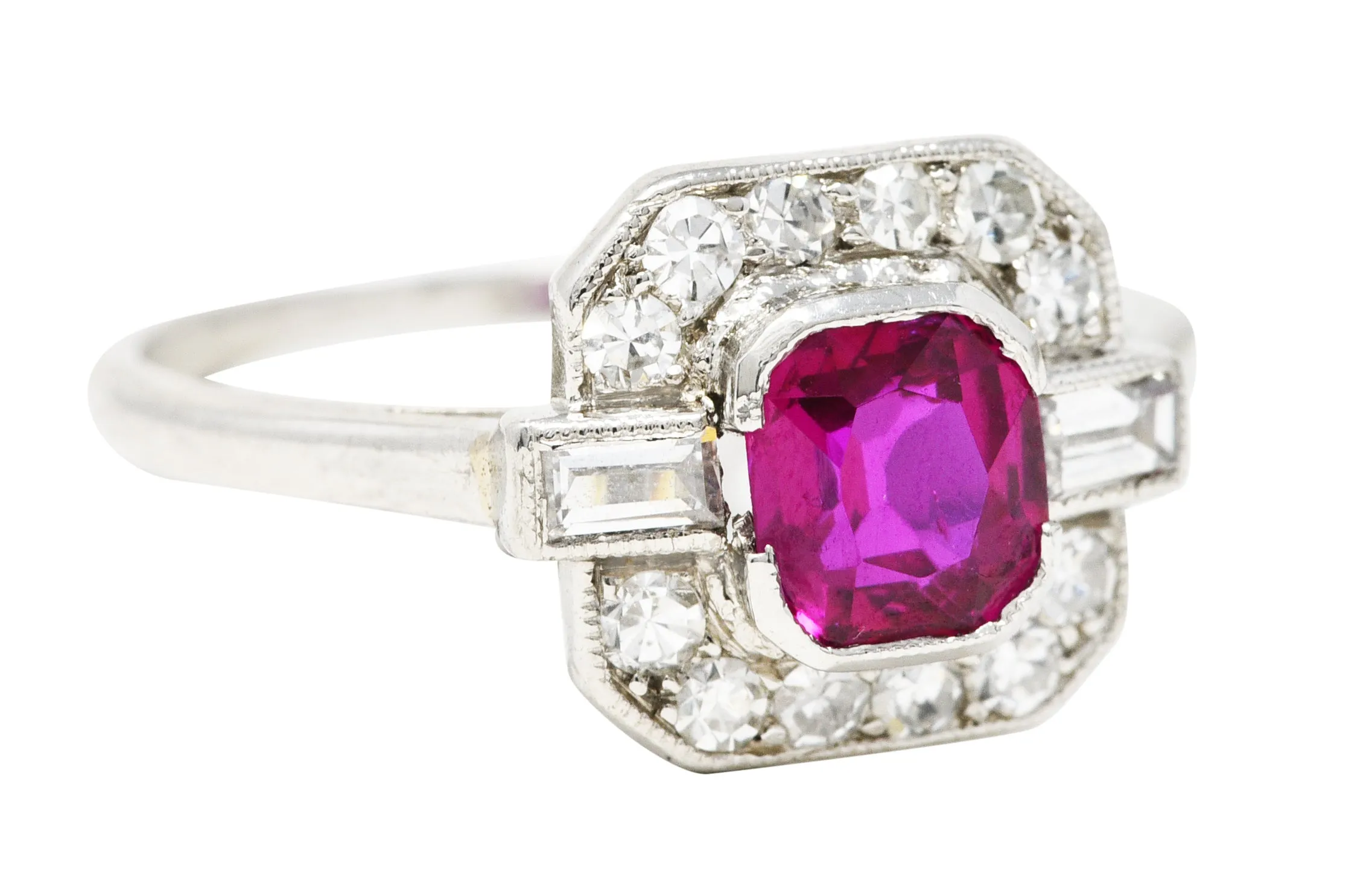 1930's Art Deco 1.15 CTW No Heat Burma Ruby Diamond Platinum Cushion Halo Gemstone Ring GIA