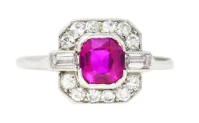 1930's Art Deco 1.15 CTW No Heat Burma Ruby Diamond Platinum Cushion Halo Gemstone Ring GIA