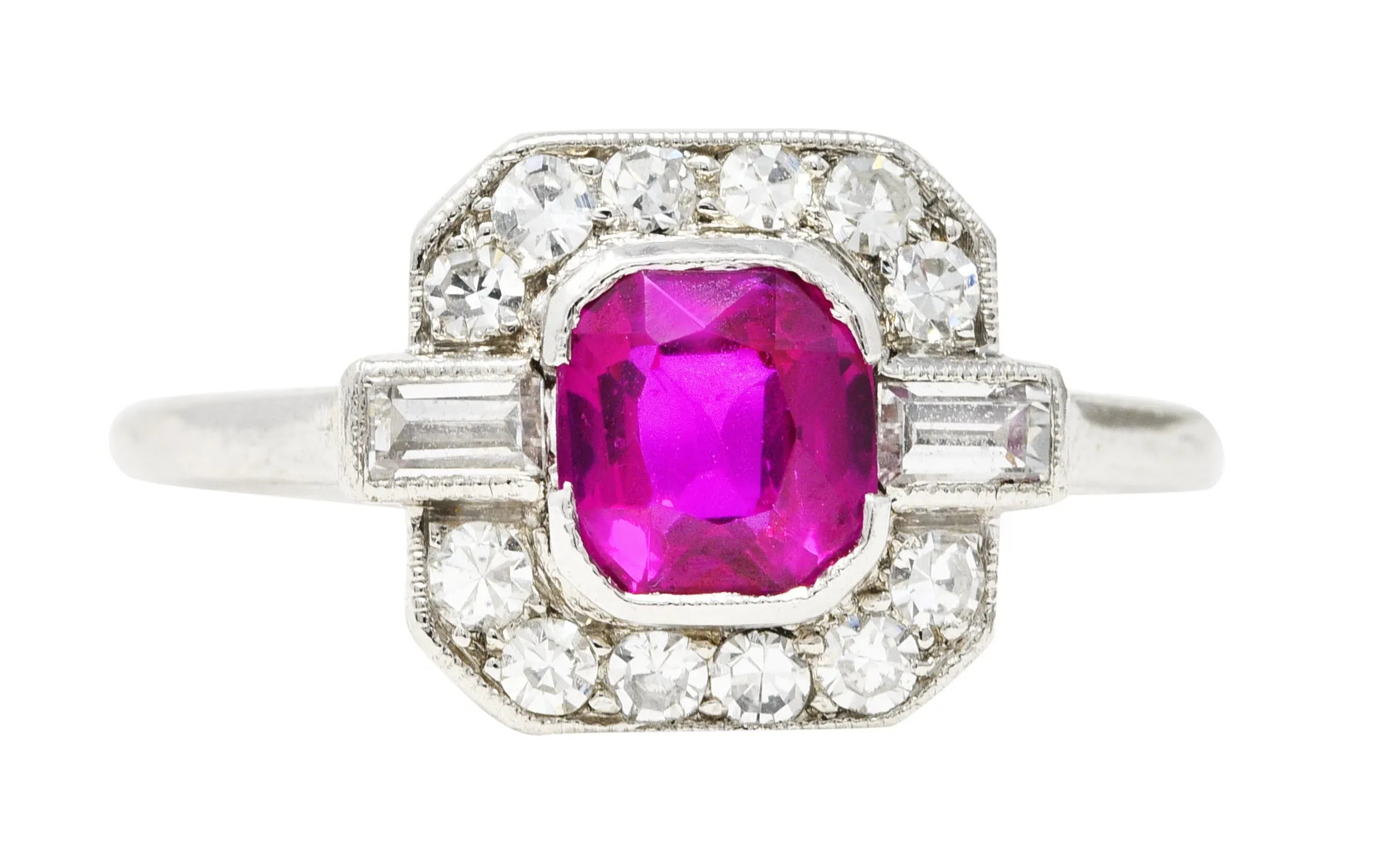 1930's Art Deco 1.15 CTW No Heat Burma Ruby Diamond Platinum Cushion Halo Gemstone Ring GIA