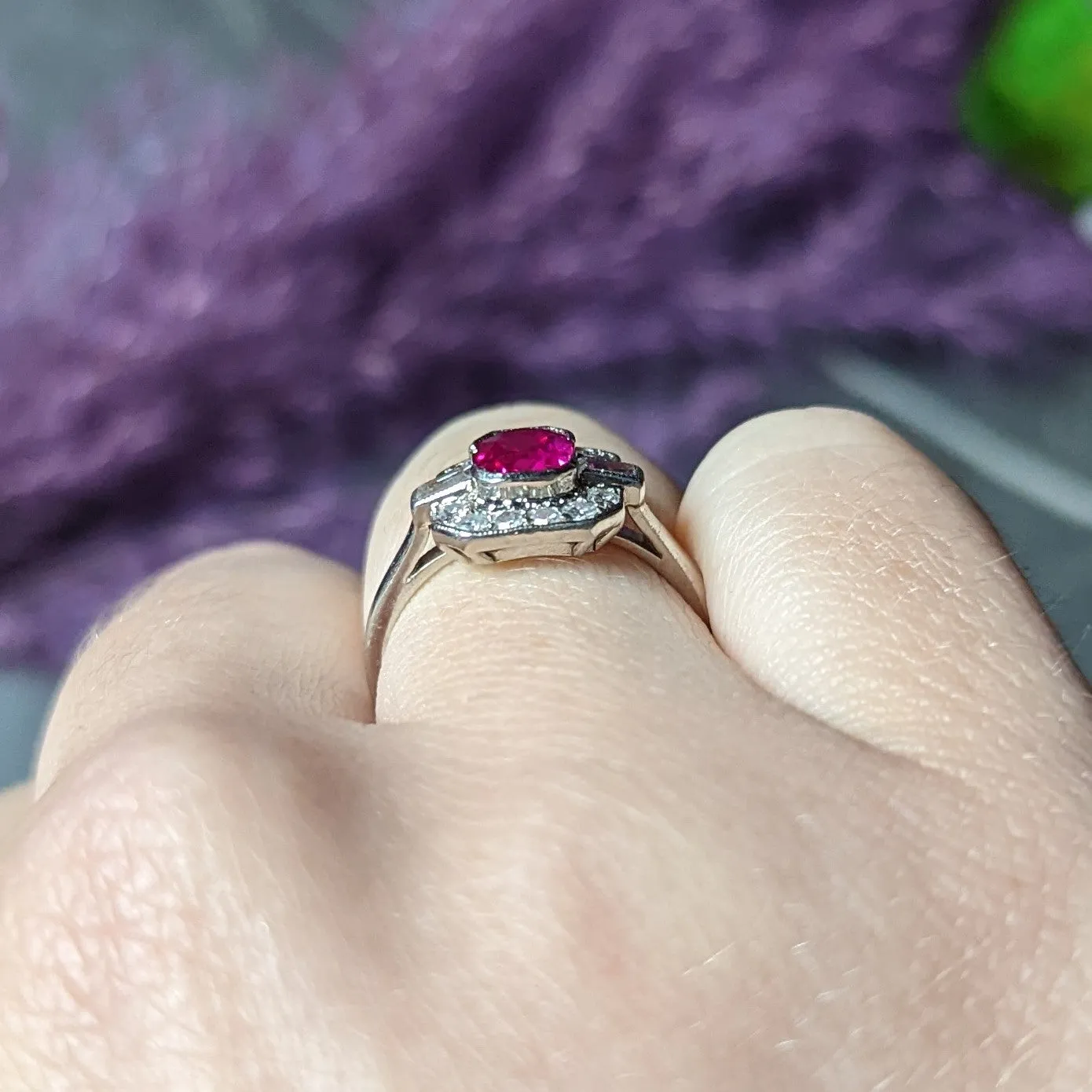 1930's Art Deco 1.15 CTW No Heat Burma Ruby Diamond Platinum Cushion Halo Gemstone Ring GIA