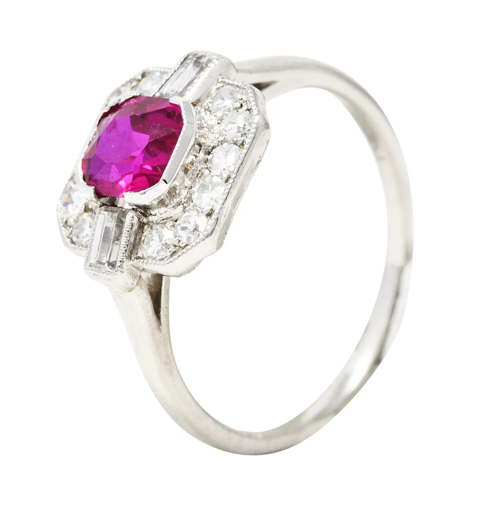 1930's Art Deco 1.15 CTW No Heat Burma Ruby Diamond Platinum Cushion Halo Gemstone Ring GIA