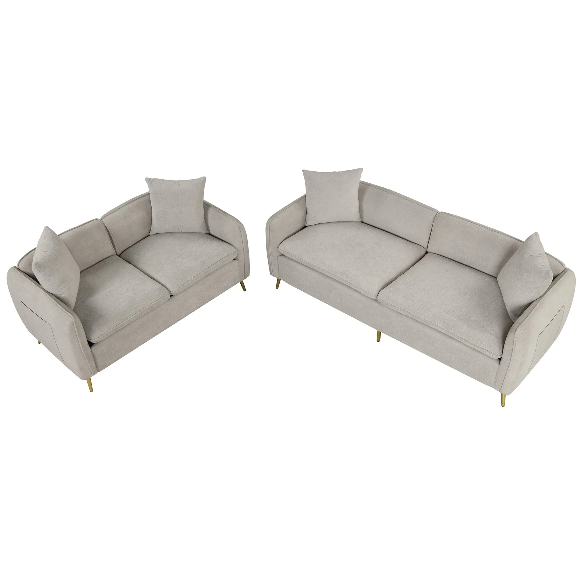 2 Piece Velvet Upholstered Sofa Sets,Loveseat and 3 Seat Couch Set Furniture with 2 Pillows and Golden Metal Legs for Different Spaces,Living Room,Apartment,Gray