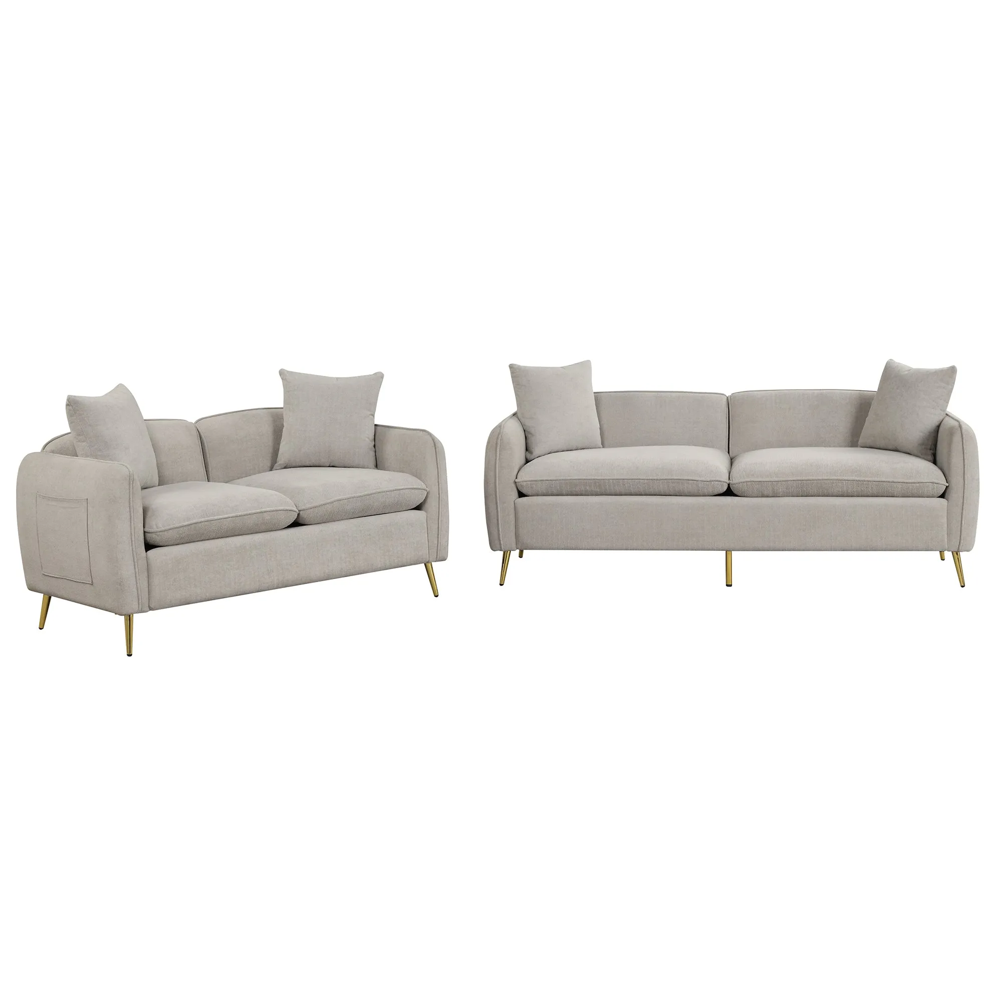 2 Piece Velvet Upholstered Sofa Sets,Loveseat and 3 Seat Couch Set Furniture with 2 Pillows and Golden Metal Legs for Different Spaces,Living Room,Apartment,Gray