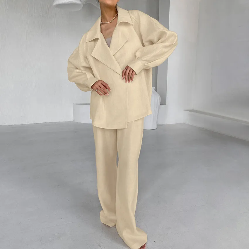 2024 Autumn Cotton Linen Set Commuter Loose Khaki Wrap Tie Jacket Long Pants Two-Piece Women’s Suit