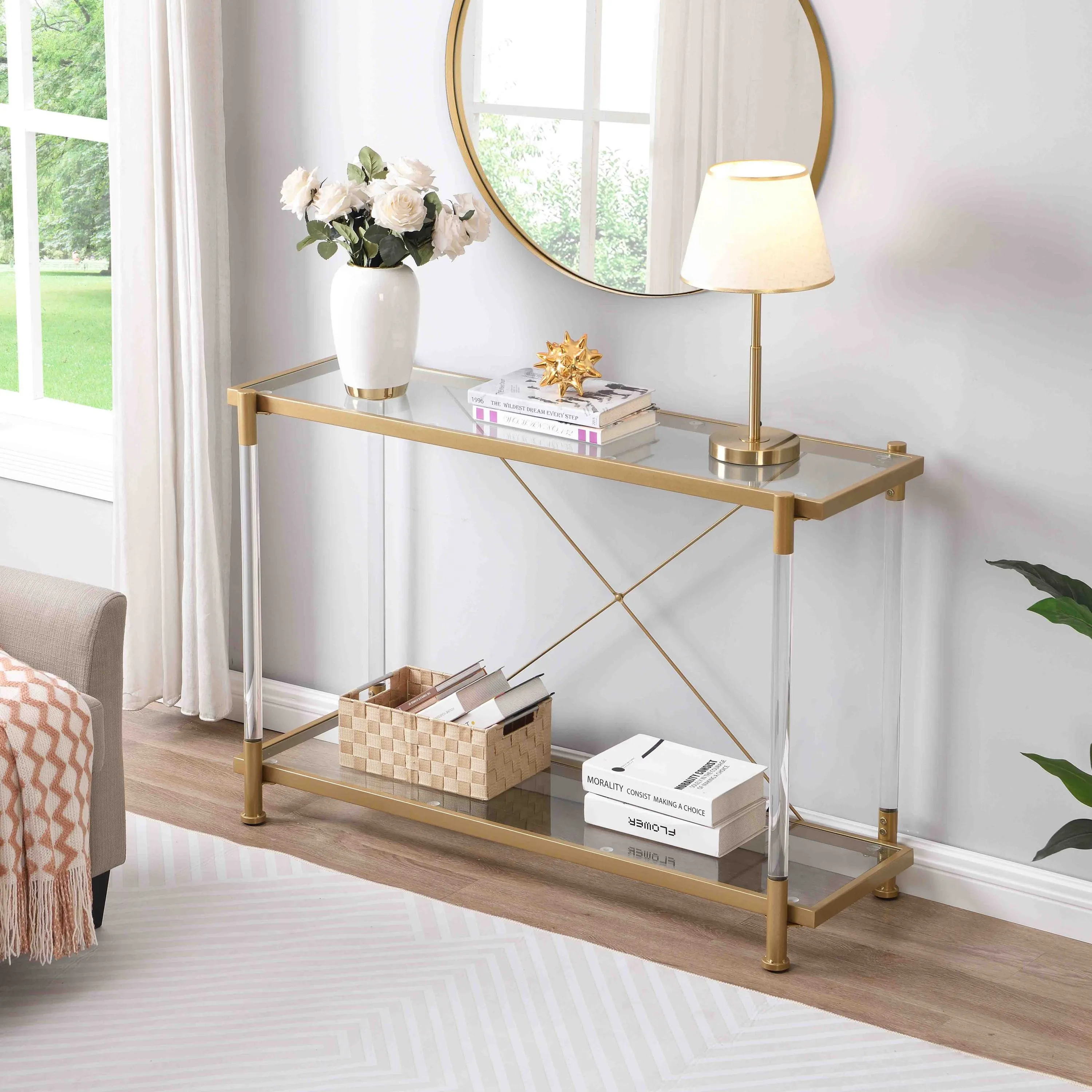 43.31'' Golden Glass Sofa Table, Acrylic Console Table for Living Room & Bedroom