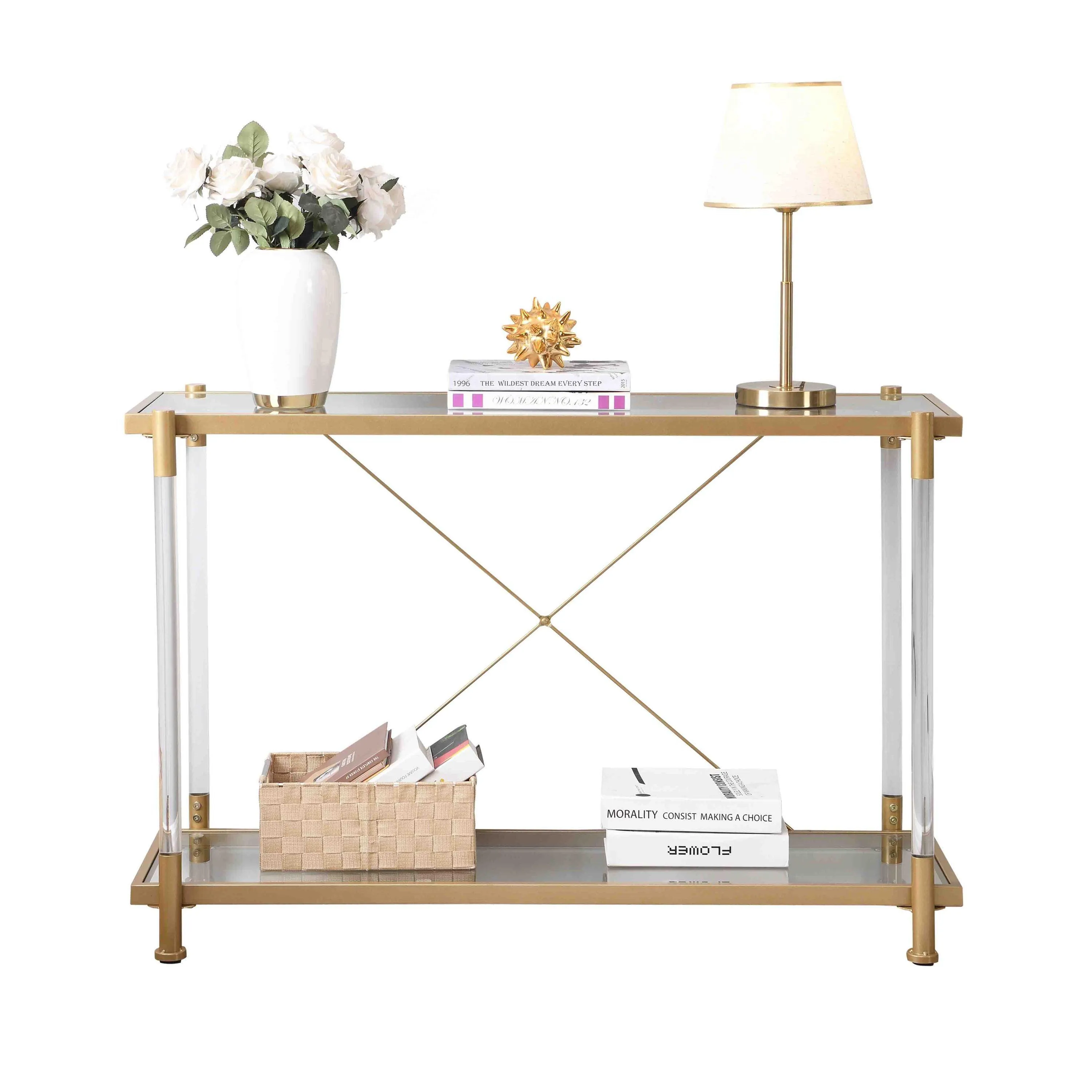 43.31'' Golden Glass Sofa Table, Acrylic Console Table for Living Room & Bedroom