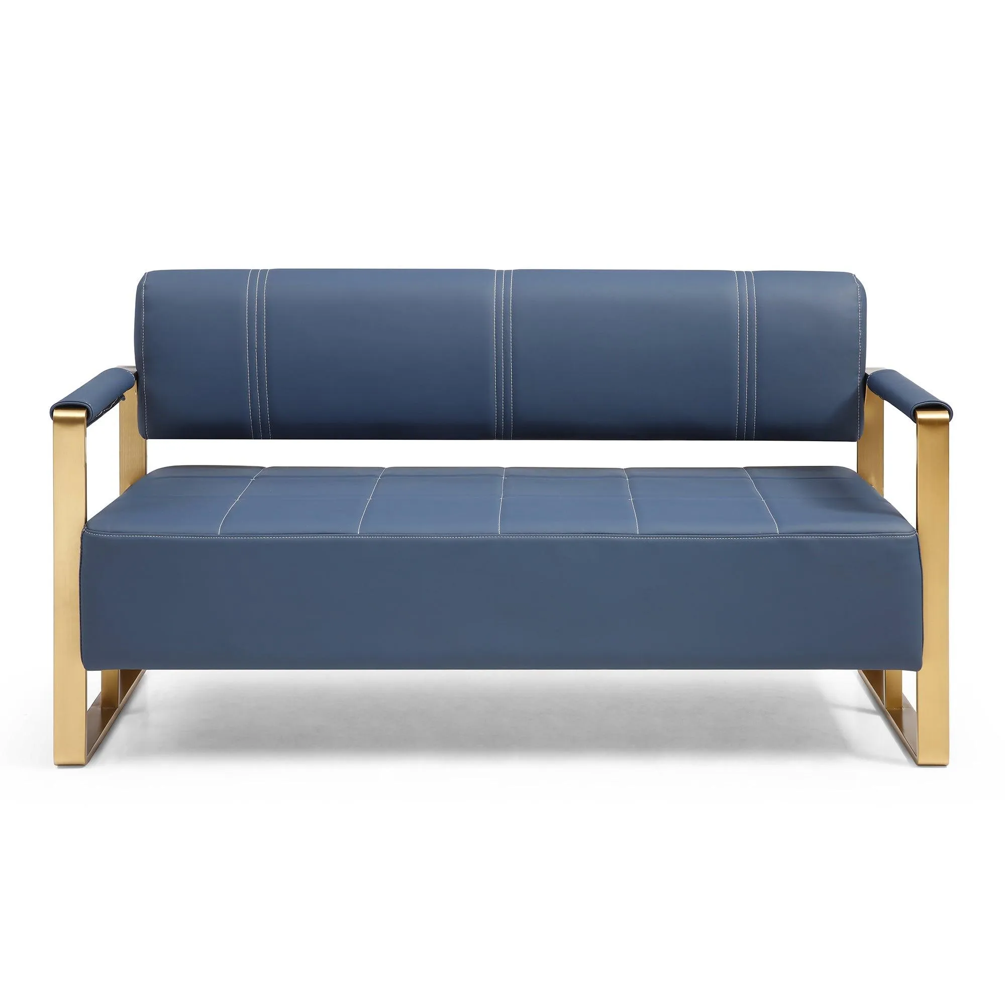 57.9" Blue Faux Leather Loveseat with Golden Metal Arms, 2-Seater Sofa for Small Spaces, Office, or Apartment