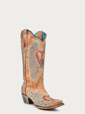 A4235 - WOMEN'S HEART AND CROSS OVERLAY AND STUDS WORN FINISH SAND SNIP TOE COWBOY BOOT