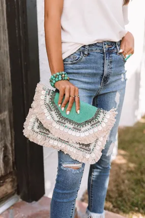 All The Way Embellished Clutch in Seafoam