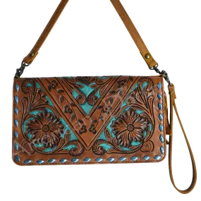 American Darling® Floral Embossed Turquoise & Brown Bag ADBG485BR