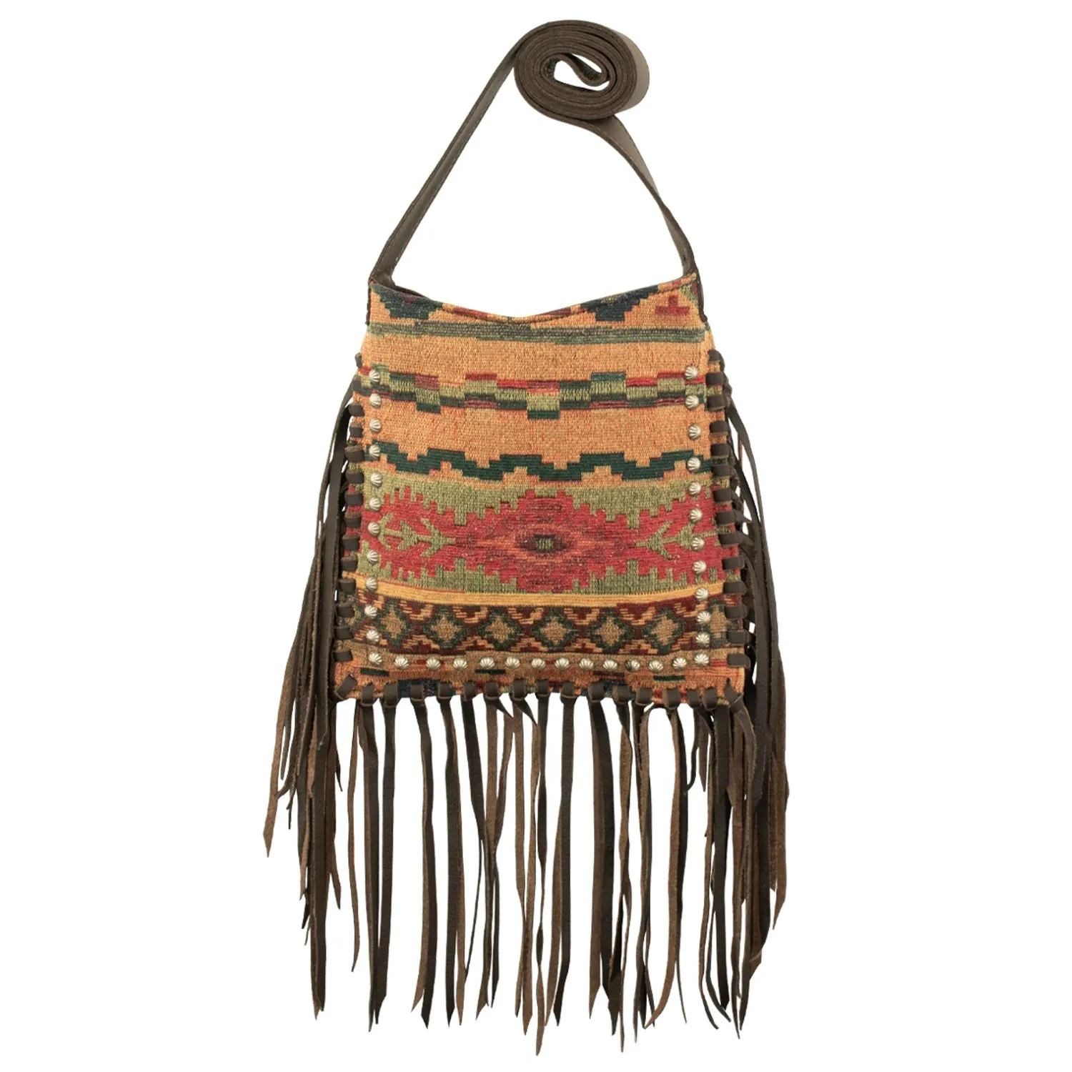 American West Womens Fringed Cowgirl 10in Woven Tapestry Leather Crossbody Bag