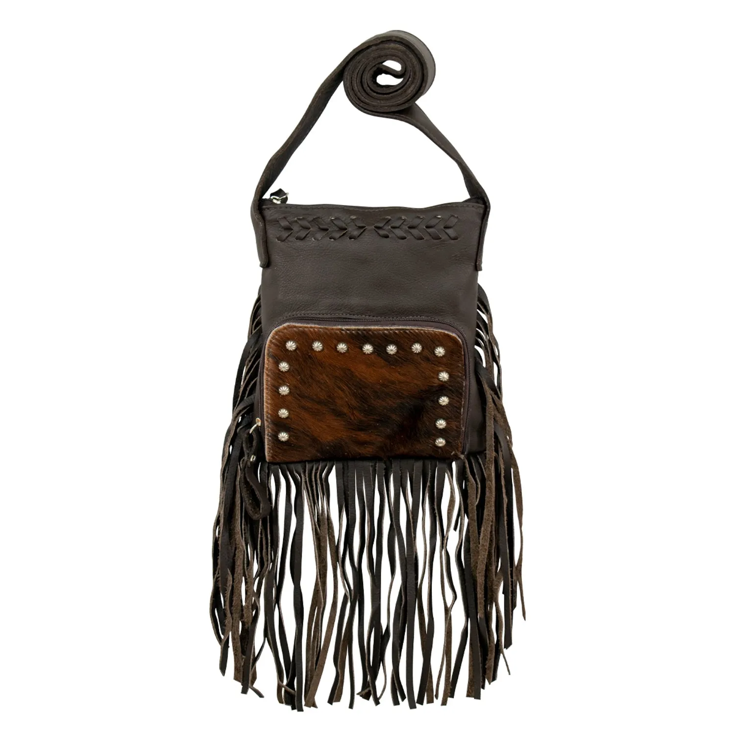 American West Womens Fringed Cowgirl 8in Brindle Hair-On Leather Crossbody Bag