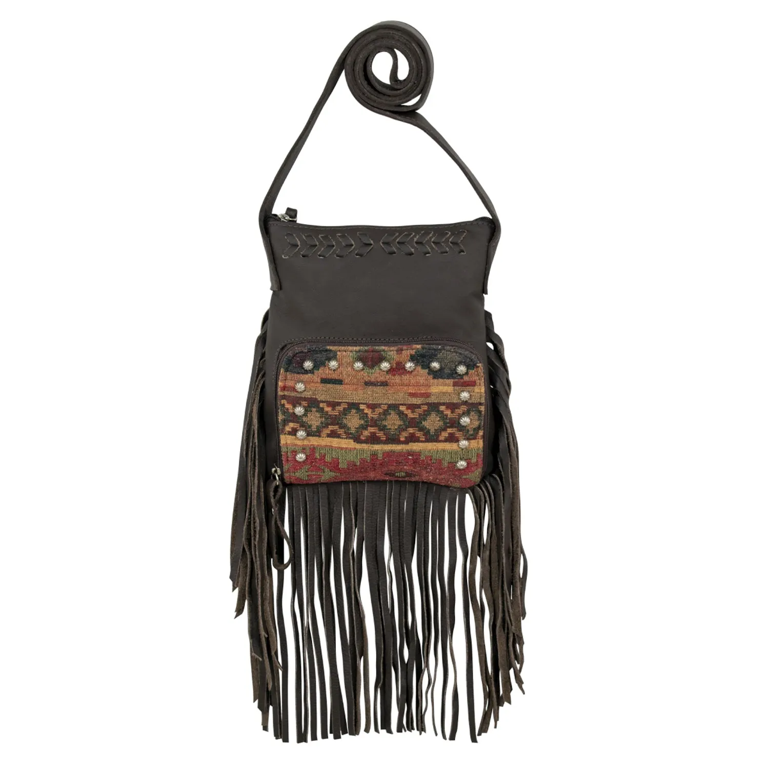 American West Womens Fringed Cowgirl 8in Woven Tapestry Leather Crossbody Bag