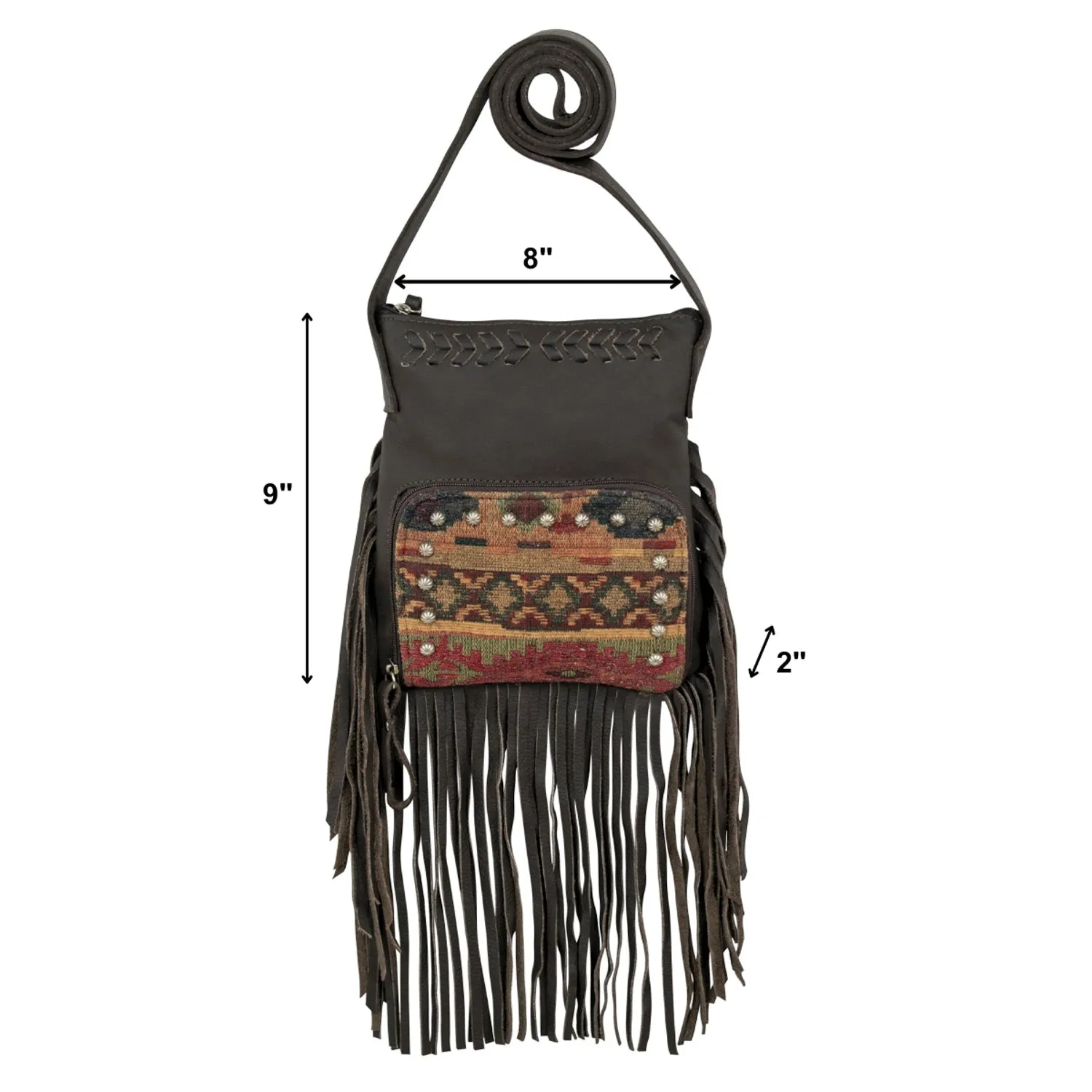 American West Womens Fringed Cowgirl 8in Woven Tapestry Leather Crossbody Bag