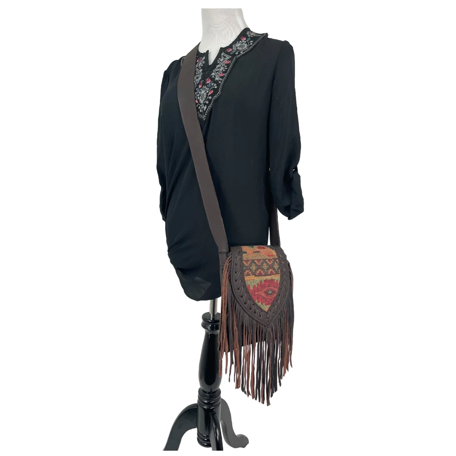 American West Womens Fringed Cowgirl Brown/Woven Tapestry Leather Crossbody Bag