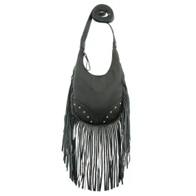 American West Womens Fringed Cowgirl Hobo Black Leather Crossbody Bag