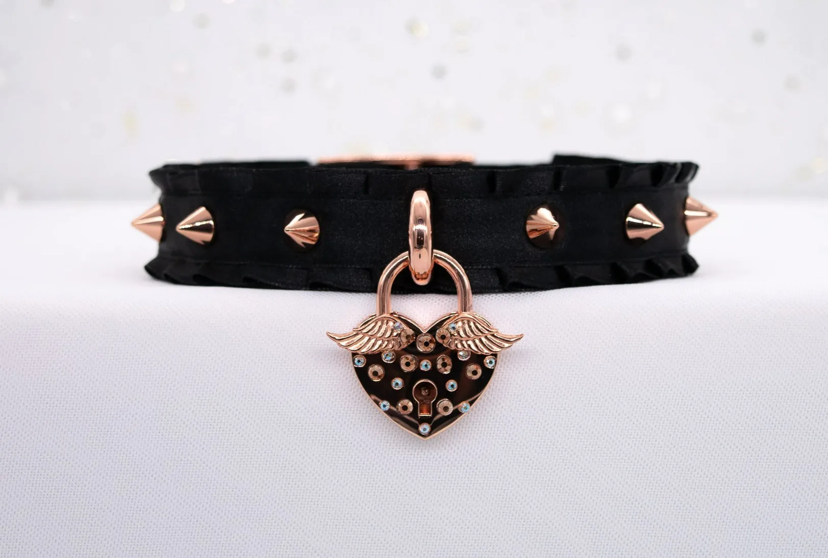 'Angel's Heart' - Black Spiked BDSM Collar in Rose Gold