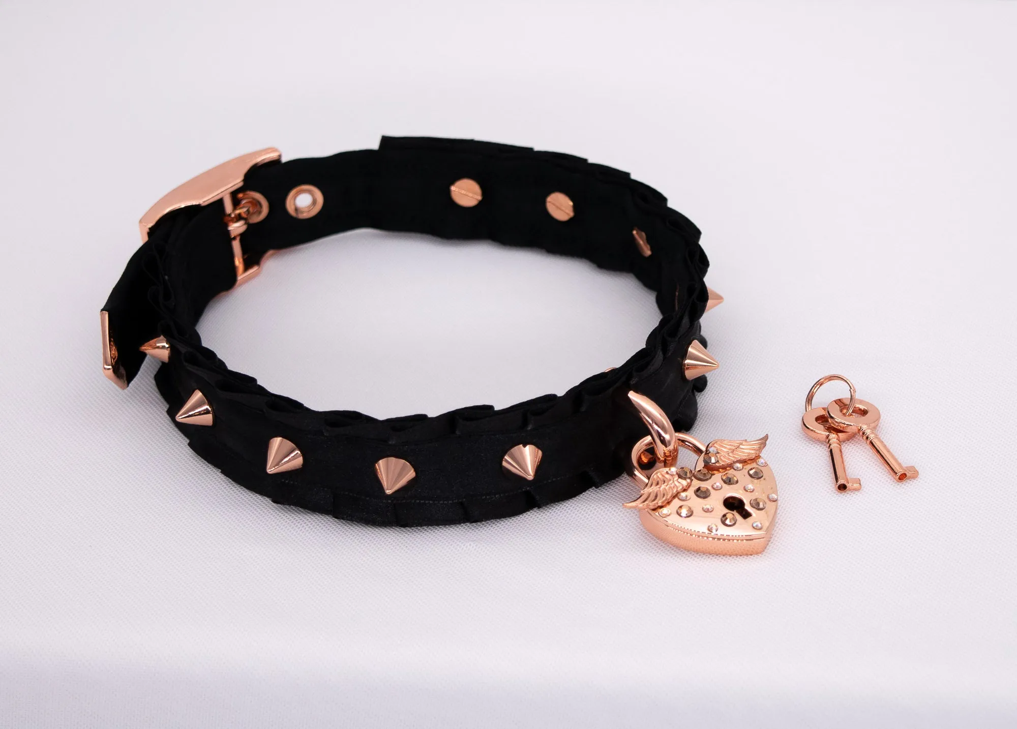 'Angel's Heart' - Black Spiked BDSM Collar in Rose Gold