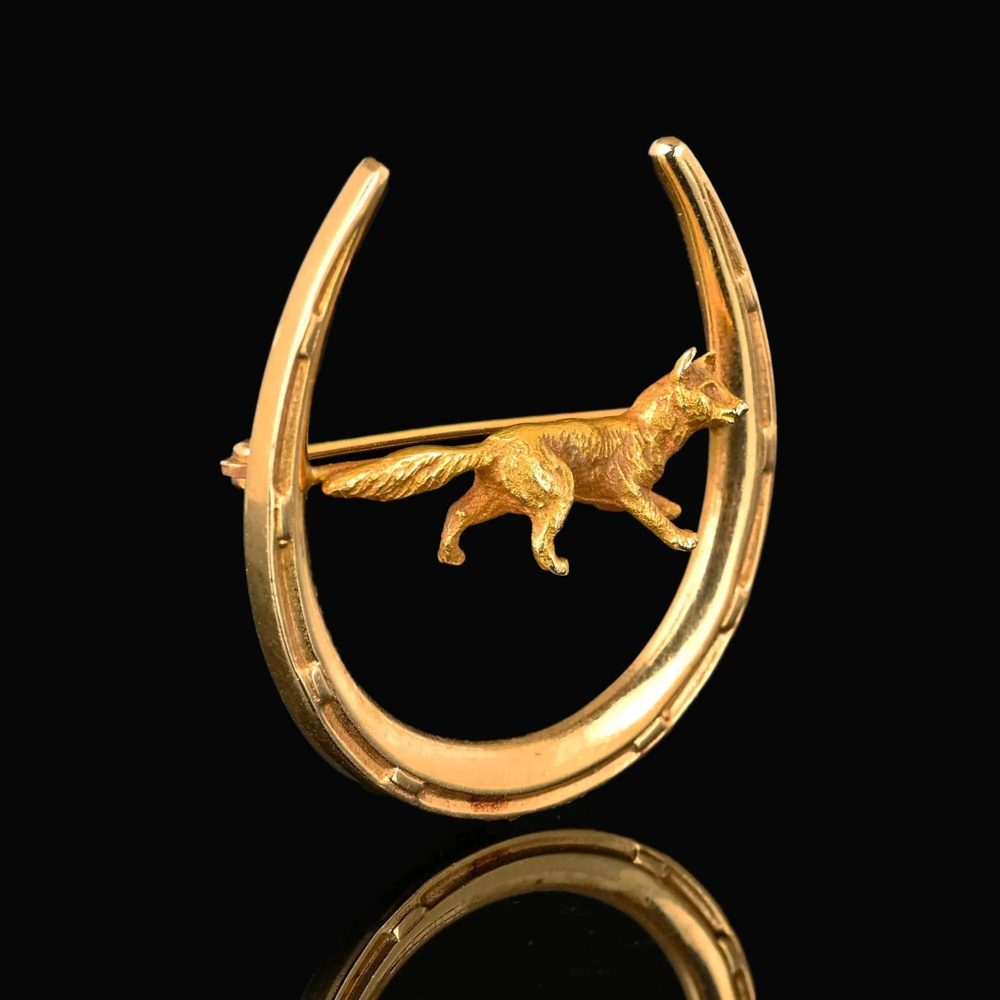 Antique Edwardian 14K Gold Horseshoe and Fox Brooch