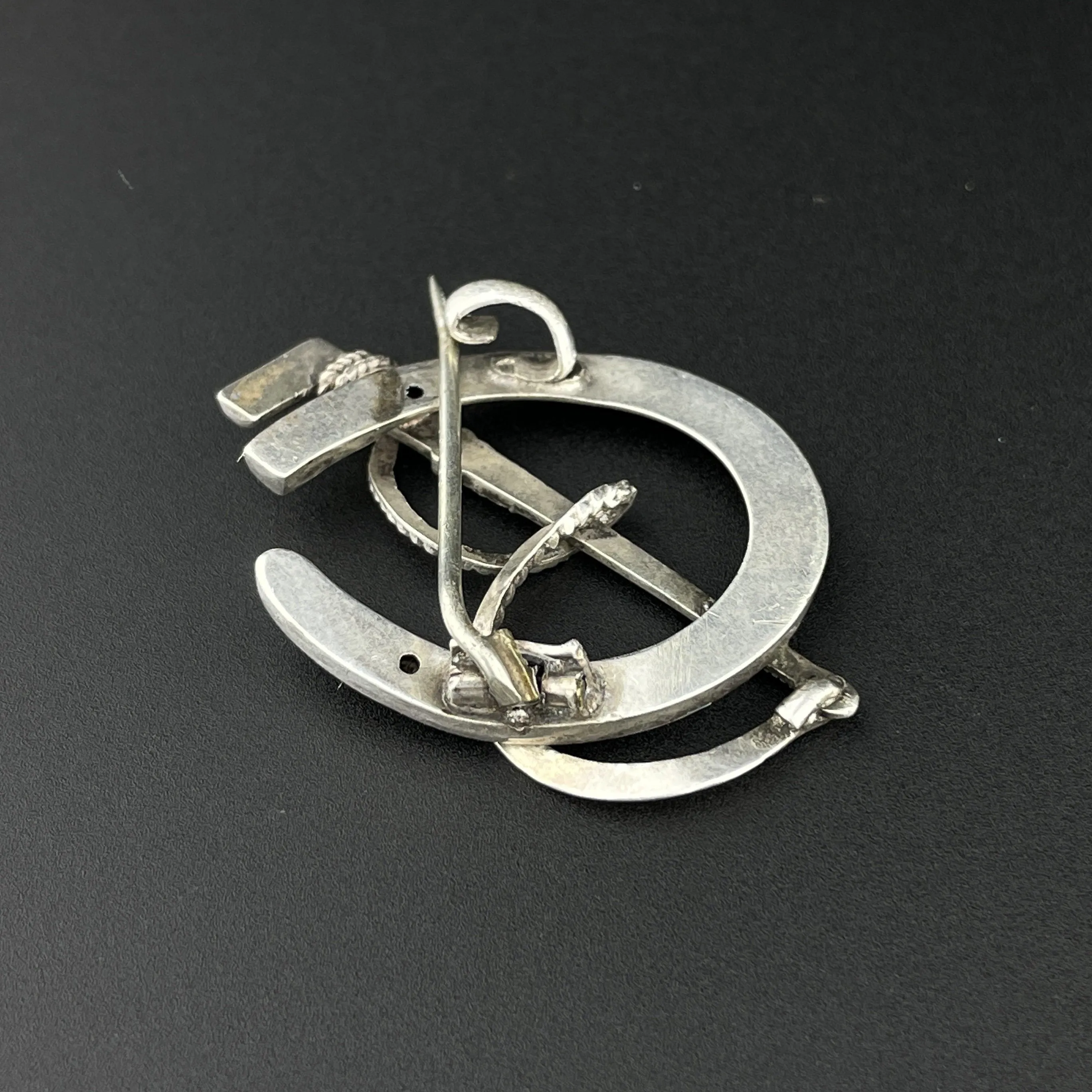 Antique Sterling Silver Hunting Crop Lucky HorseShoe Brooch