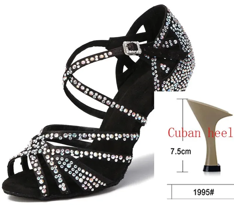 B0099A Womens Latin Dance Shoes Satin with Rhinestones Soft Sole- Latin -Tango Salsa Dance Shoes