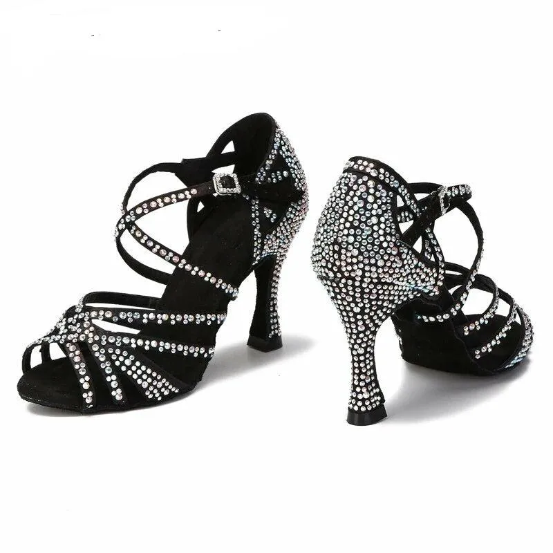 B0099A Womens Latin Dance Shoes Satin with Rhinestones Soft Sole- Latin -Tango Salsa Dance Shoes