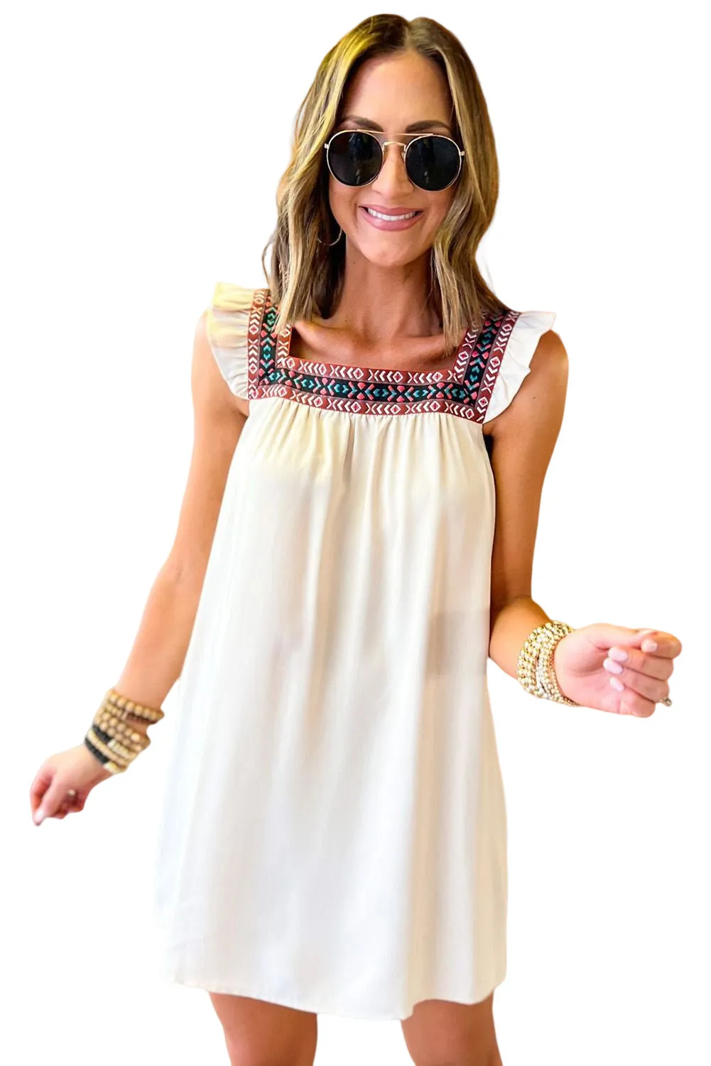 Beige Frill Embroidered Square Neck Shift Dress