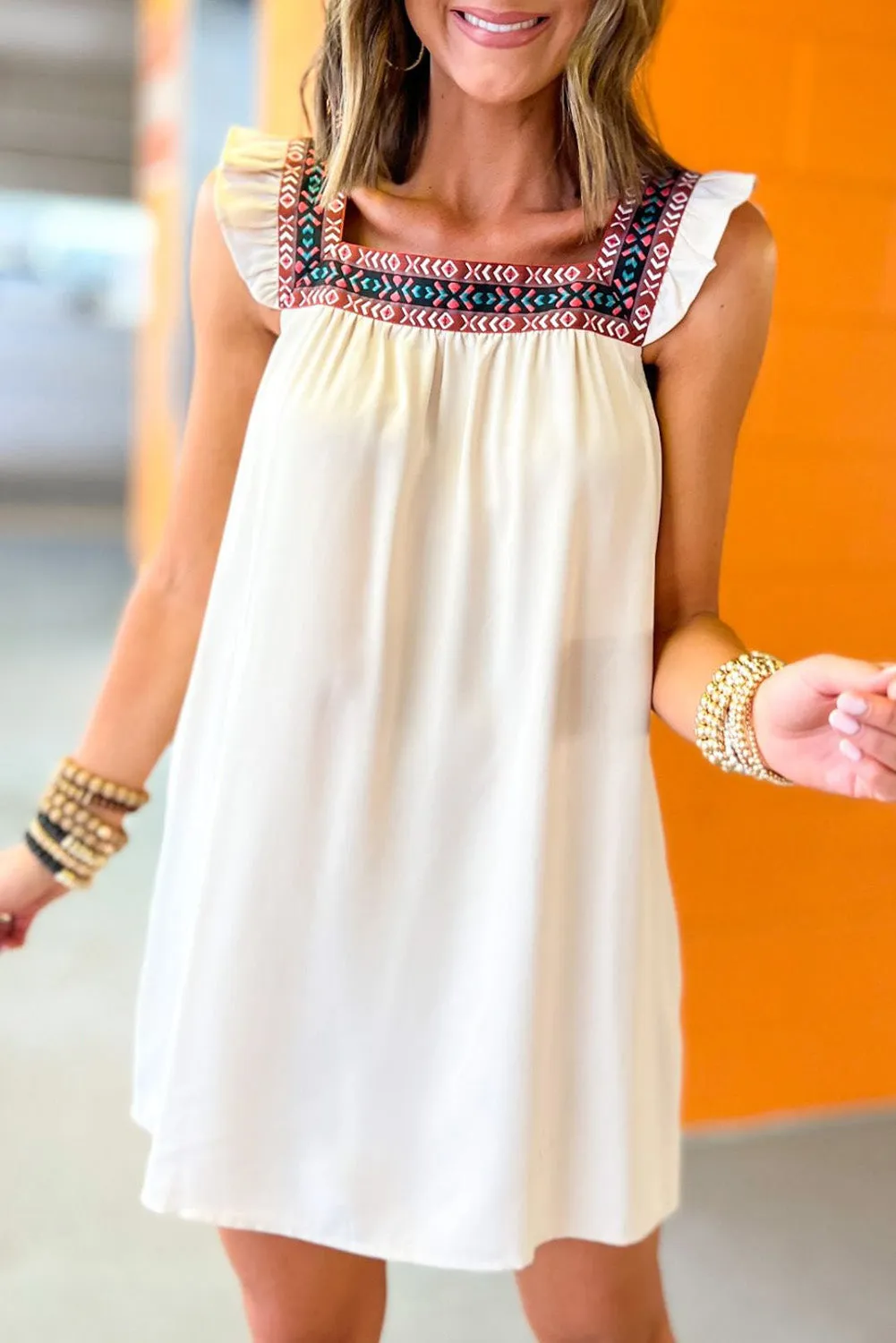 Beige Frill Embroidered Square Neck Shift Dress