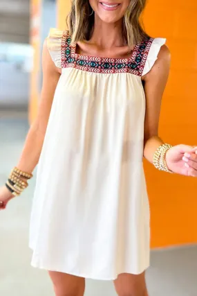 Beige Frill Embroidered Square Neck Shift Dress