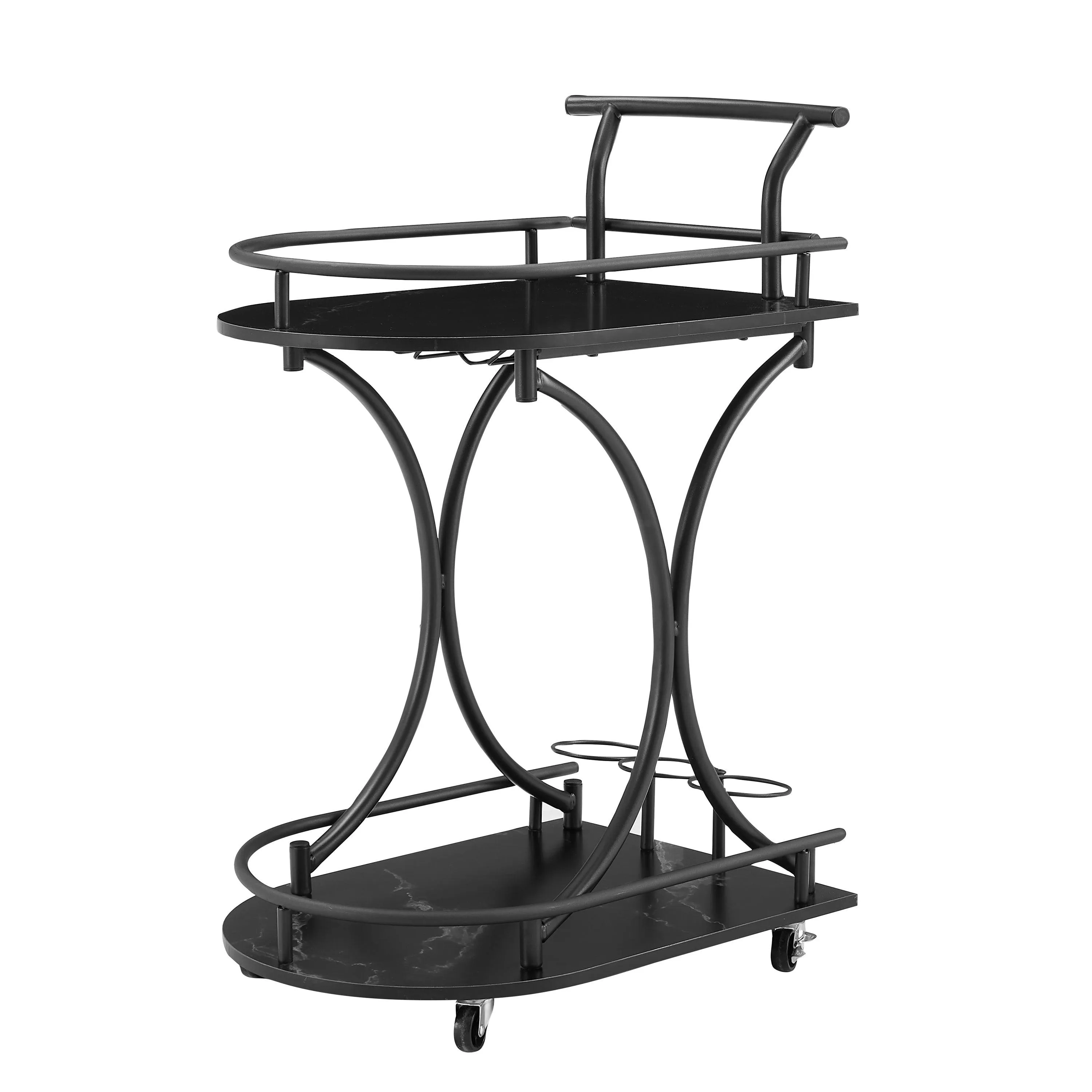 Black 2-Tier Bar Cart, Rolling Retro Style Beverage Cart with Wine Rack, Glass Holder