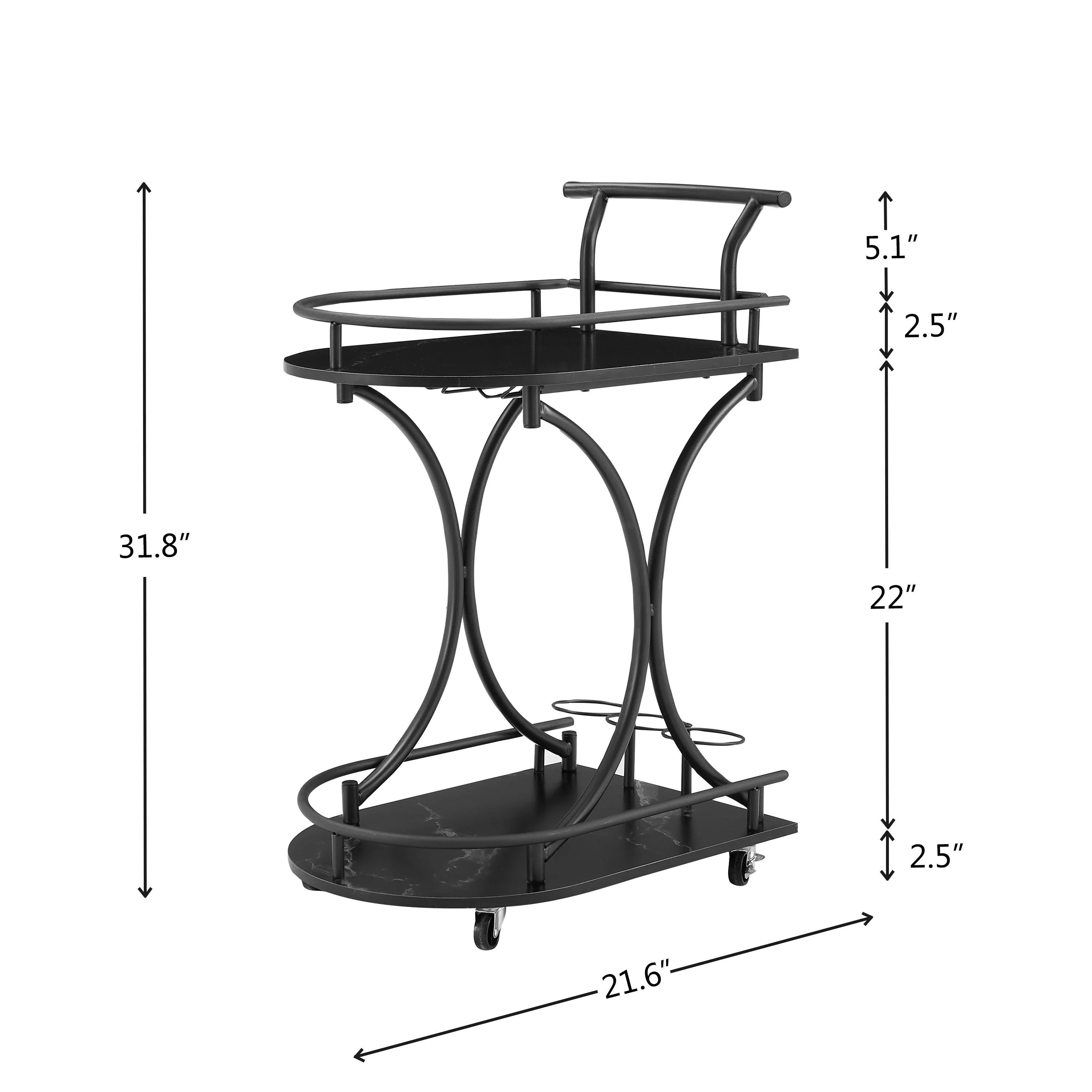 Black 2-Tier Bar Cart, Rolling Retro Style Beverage Cart with Wine Rack, Glass Holder