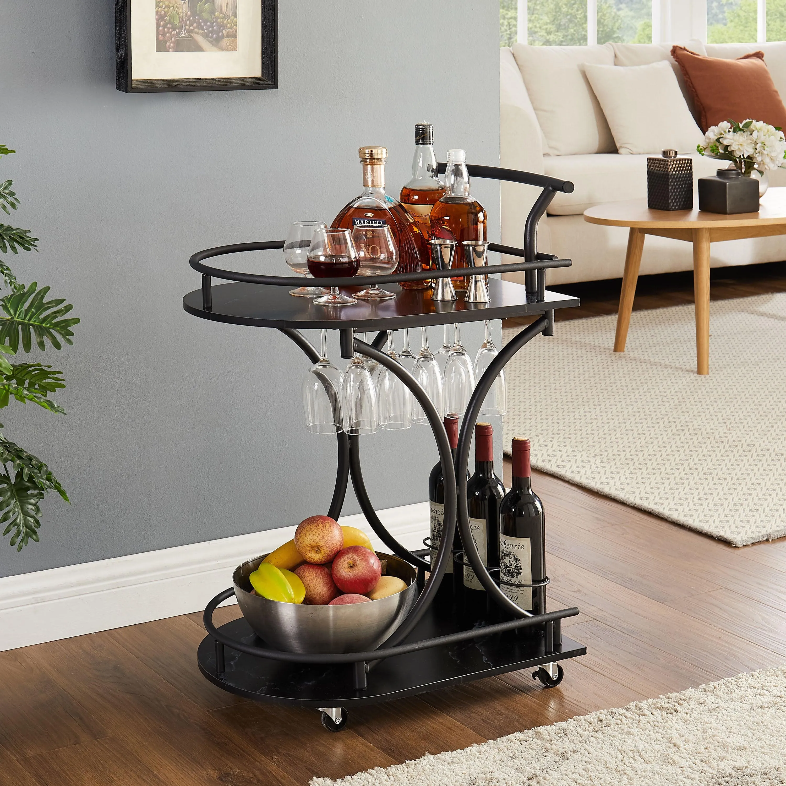 Black 2-Tier Bar Cart, Rolling Retro Style Beverage Cart with Wine Rack, Glass Holder