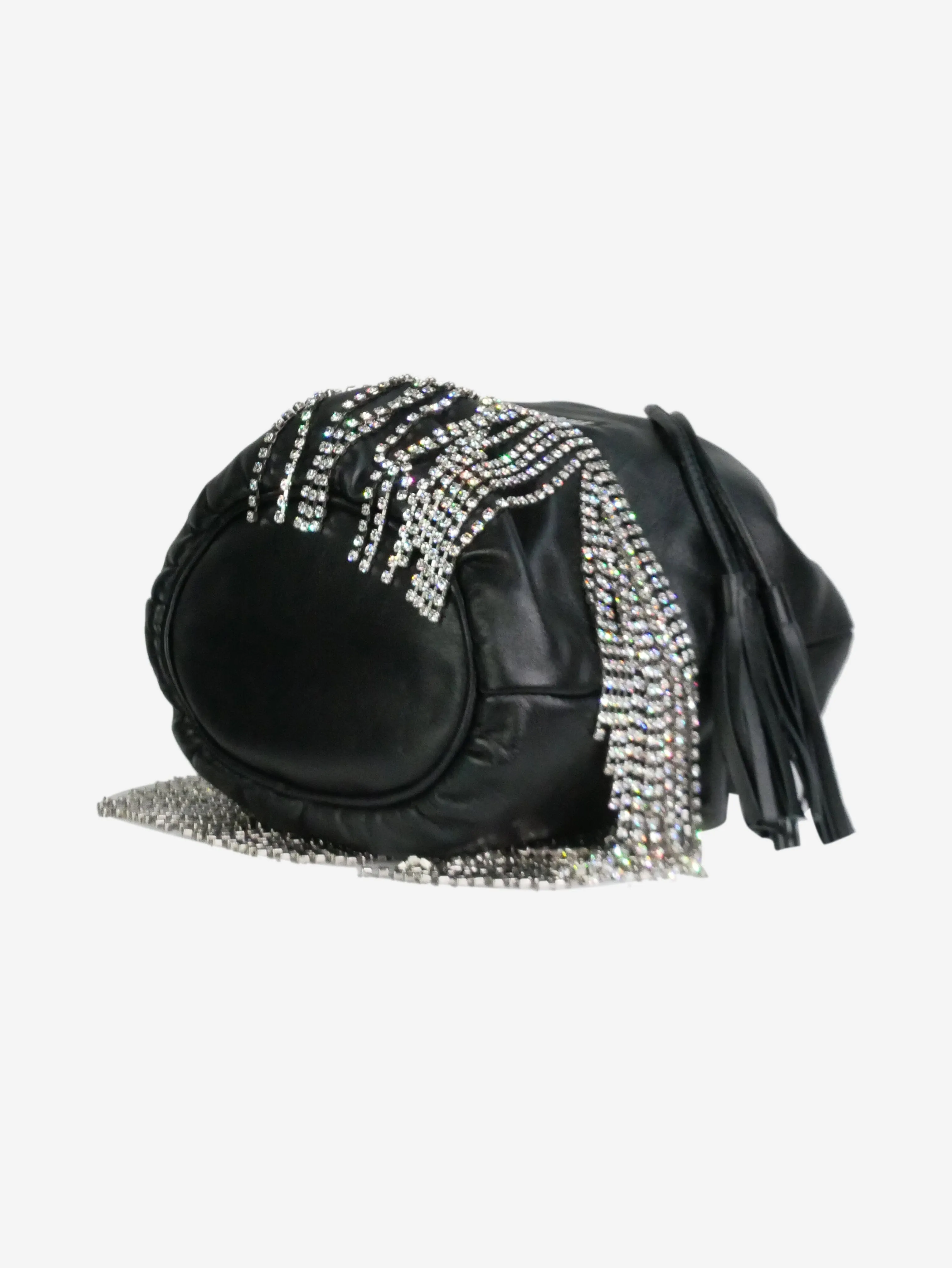 Black crystal-fringed leather bucket bag