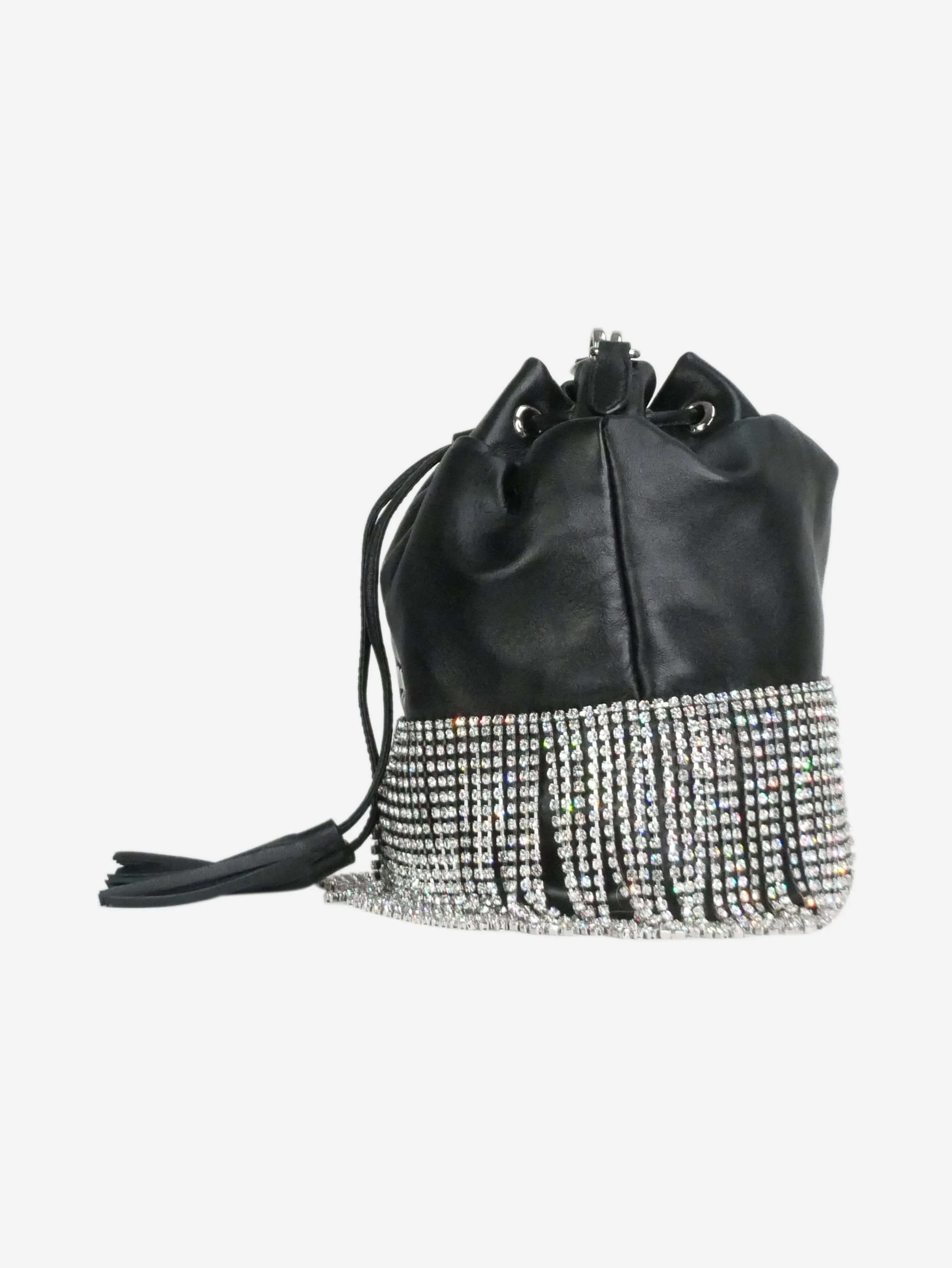 Black crystal-fringed leather bucket bag