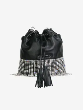 Black crystal-fringed leather bucket bag