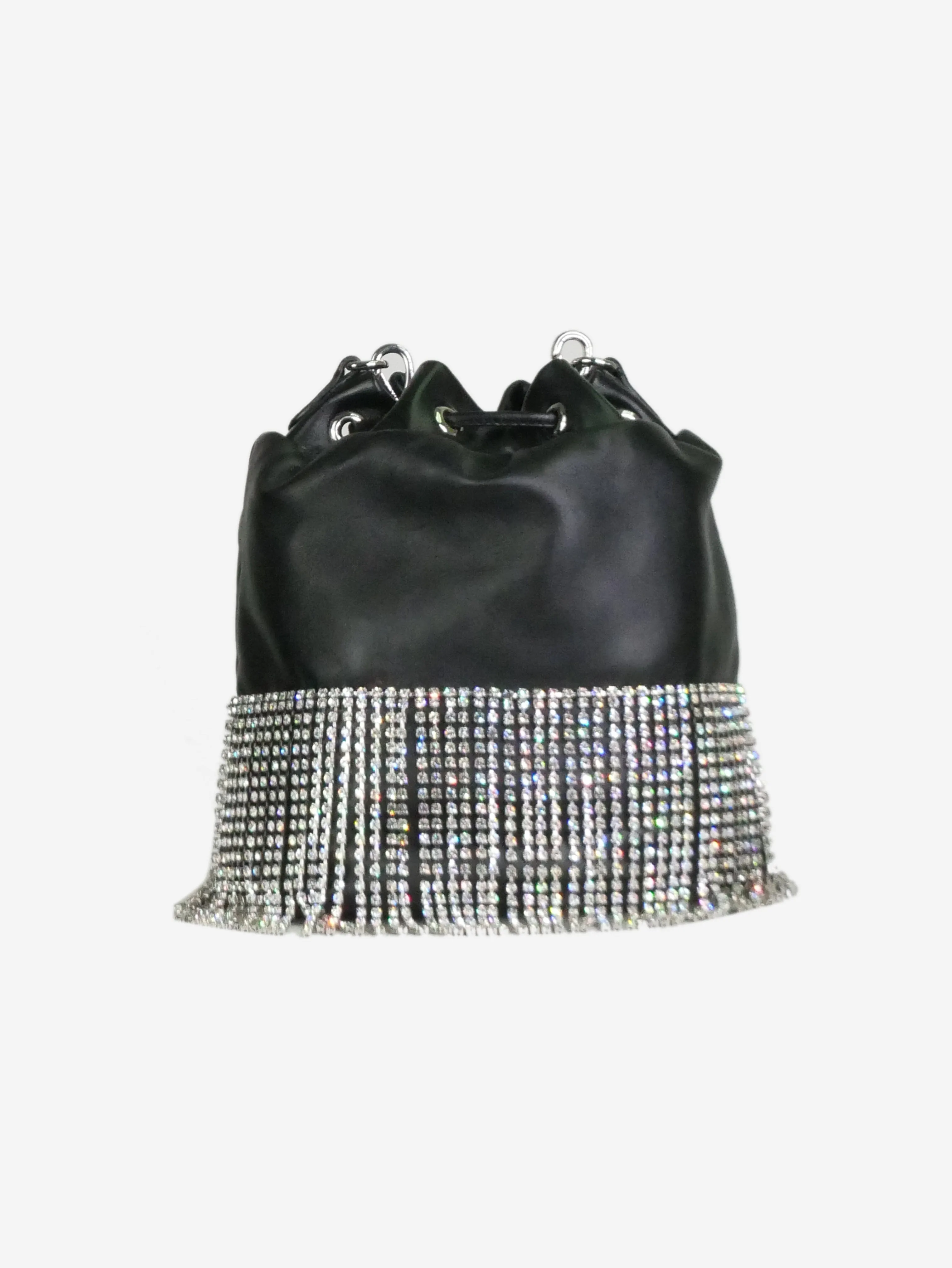 Black crystal-fringed leather bucket bag