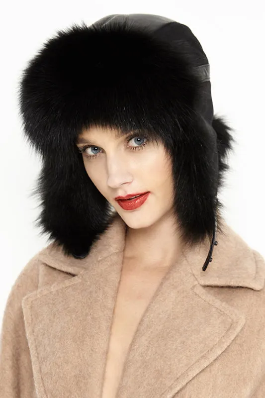 Black Genuine Arctic Fox Fur and Nappa Lamb Leather Hat