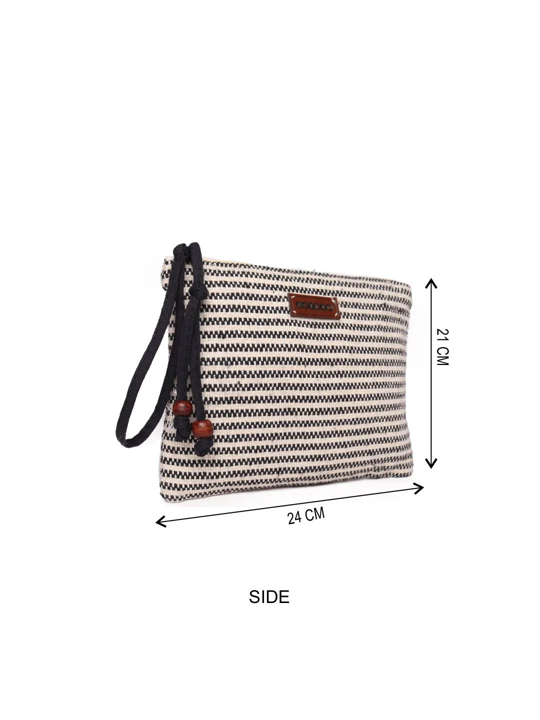 Black/White Striped Woven Makeup/Travel Pouch With Tassels