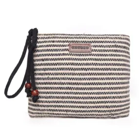 Black/White Striped Woven Makeup/Travel Pouch With Tassels