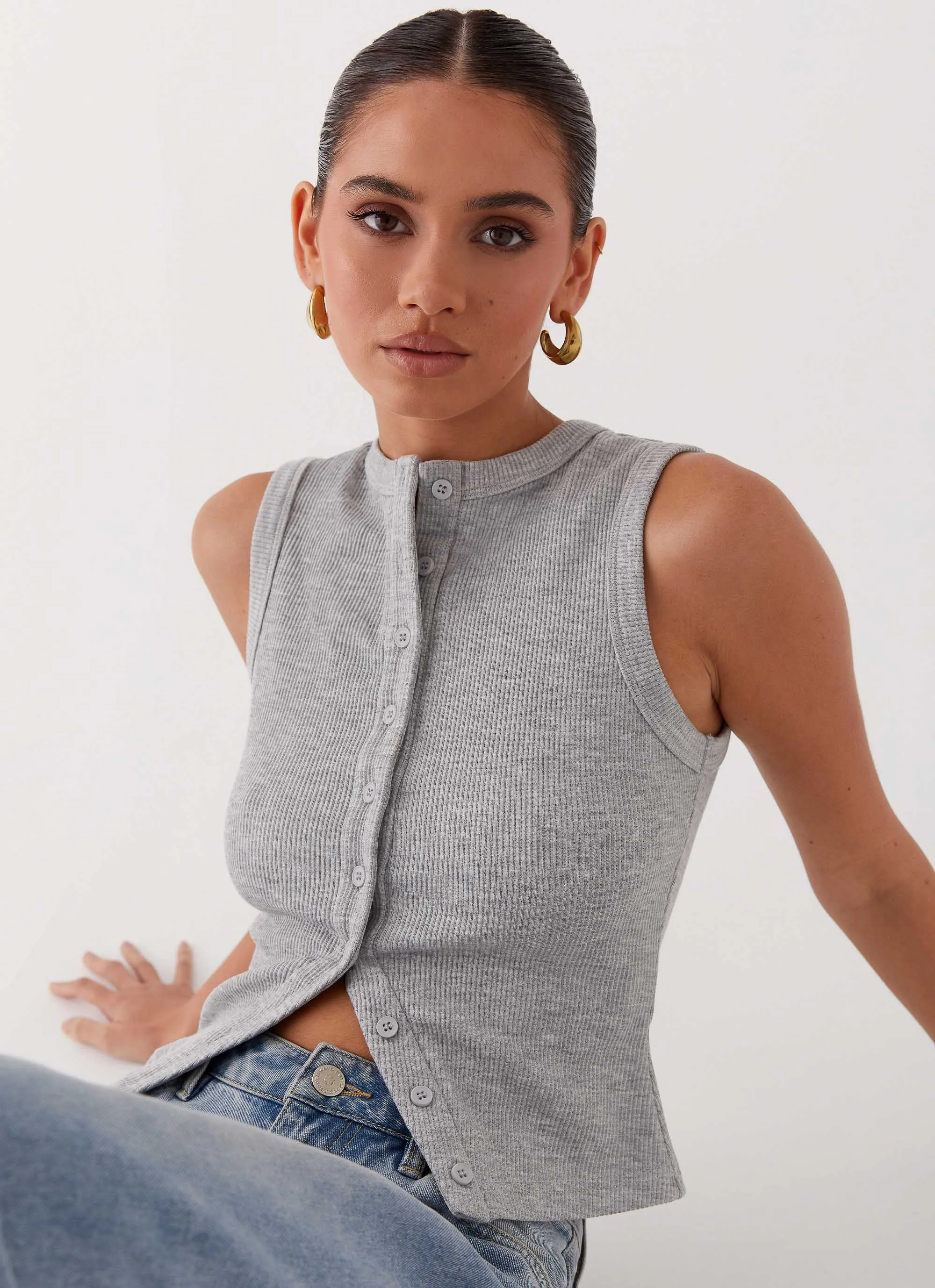 Blair Buttoned Tank Top - Grey Marle