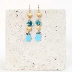 Blue Chalcedony & Aquamarine Gold Drop Earrings