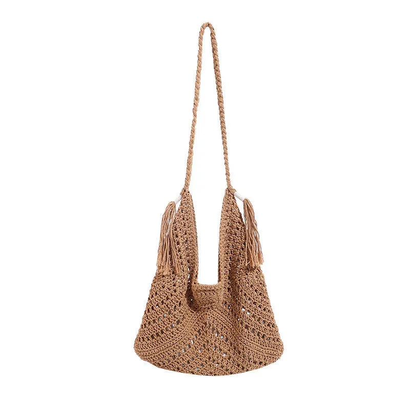 Boho Chic Fringed Braided Strap Openwork Crochet Knit Tote Bag