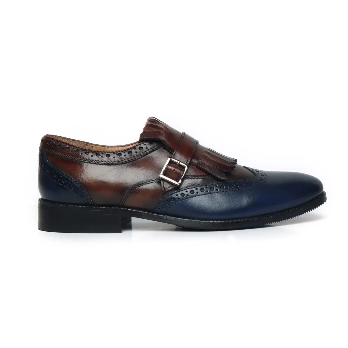 Brown/Blue Leather Fringed Single Monk Strap Shoes By Brune & Bareskin