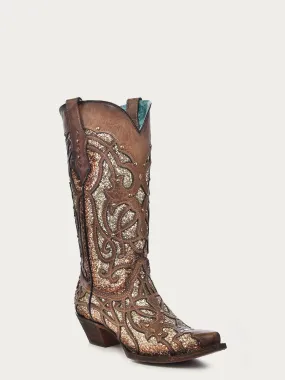 C3331 - WOMEN'S ORIX GLITTERED INLAY AND STUDS BROWN SNIP TOE COWBOY BOOT