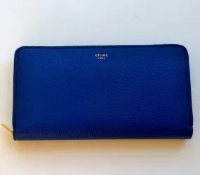 Celine Zipper Wallet in Large Size Blue Textured Leather Purse