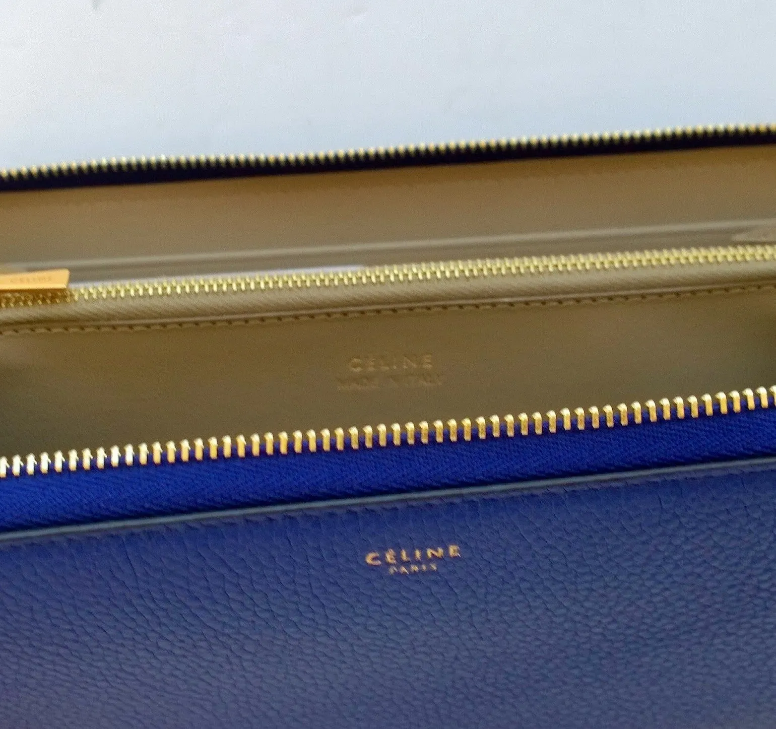 Celine Zipper Wallet in Large Size Blue Textured Leather Purse