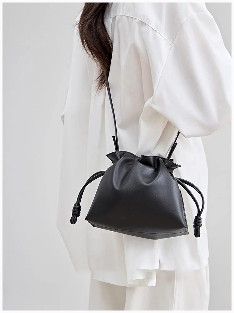 Elegant Small Cowhide Leather Shoulder Bag Crossbody Bag for Women with Drawstring Closure