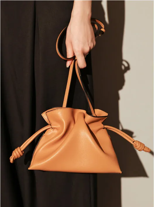 Elegant Small Cowhide Leather Shoulder Bag Crossbody Bag for Women with Drawstring Closure