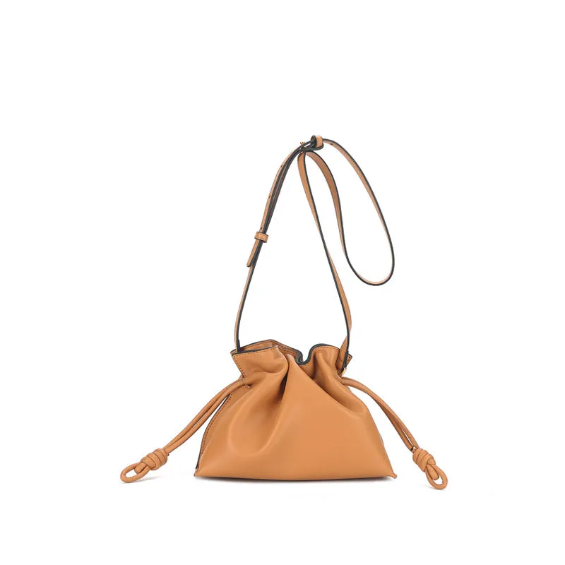 Elegant Small Cowhide Leather Shoulder Bag Crossbody Bag for Women with Drawstring Closure